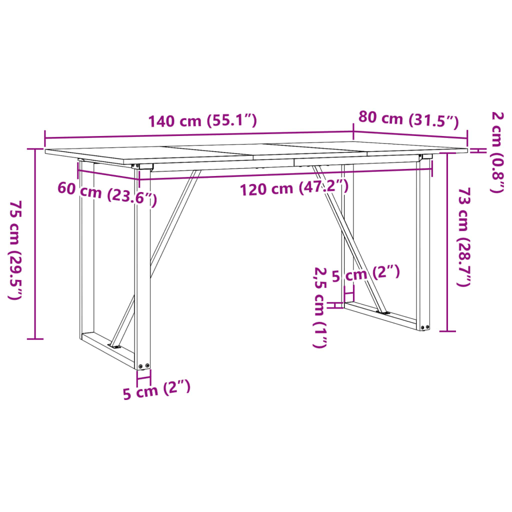 Spisebord O-ramme 140x80x75 cm heltre furu og stål