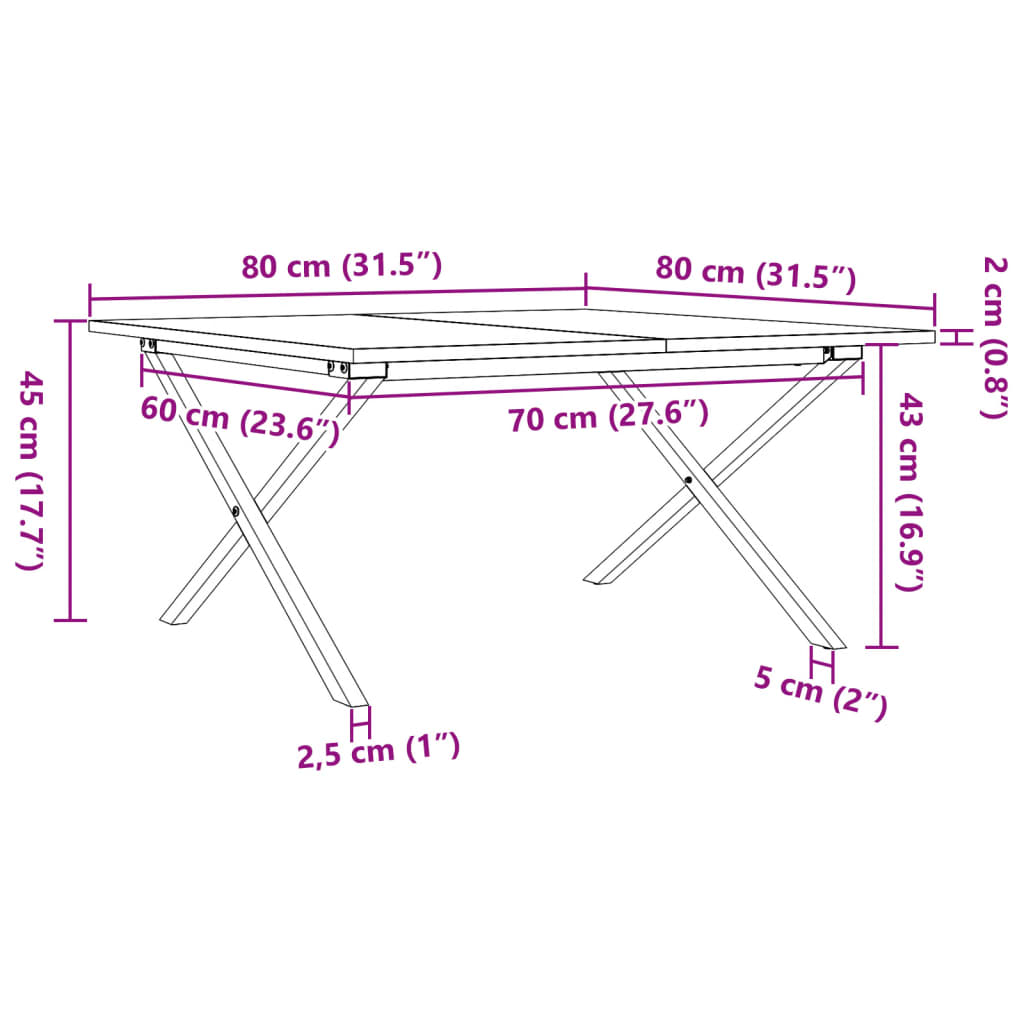 Salongbord X-ramme 80x80x45 cm heltre furu og stål vidaXL