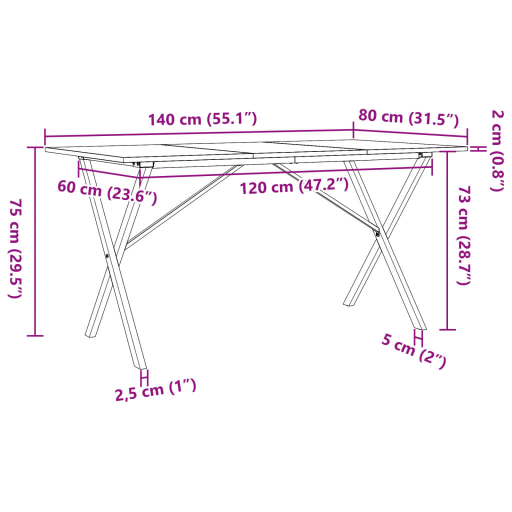 Salongbord X-ramme 140x80x75 cm heltre furu og stål
