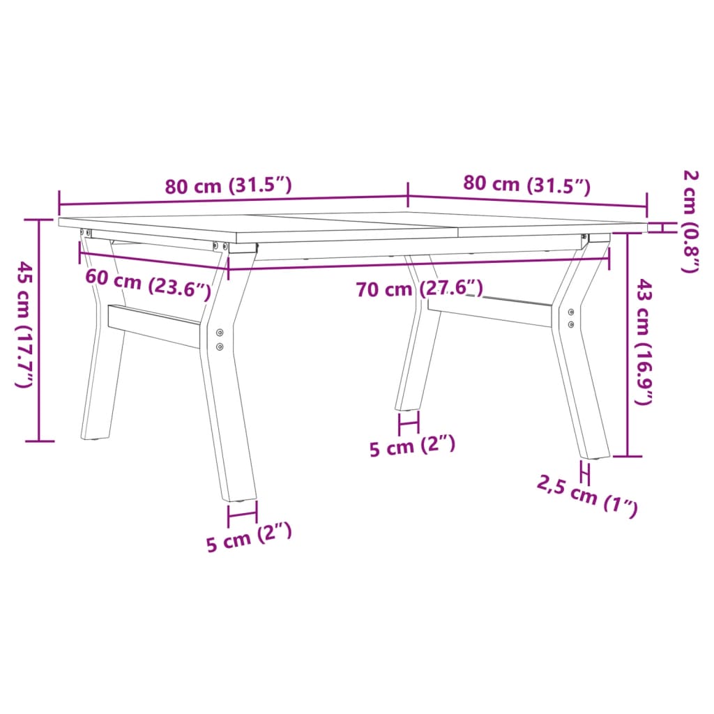 Salongbord Y-ramme 80x80x45 cm heltre furu og stål