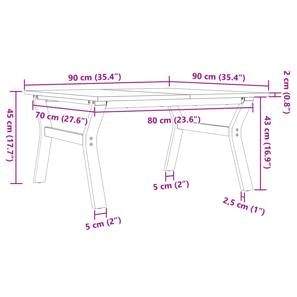 Salongbord Y-ramme 90x90x45 cm heltre furu og stål