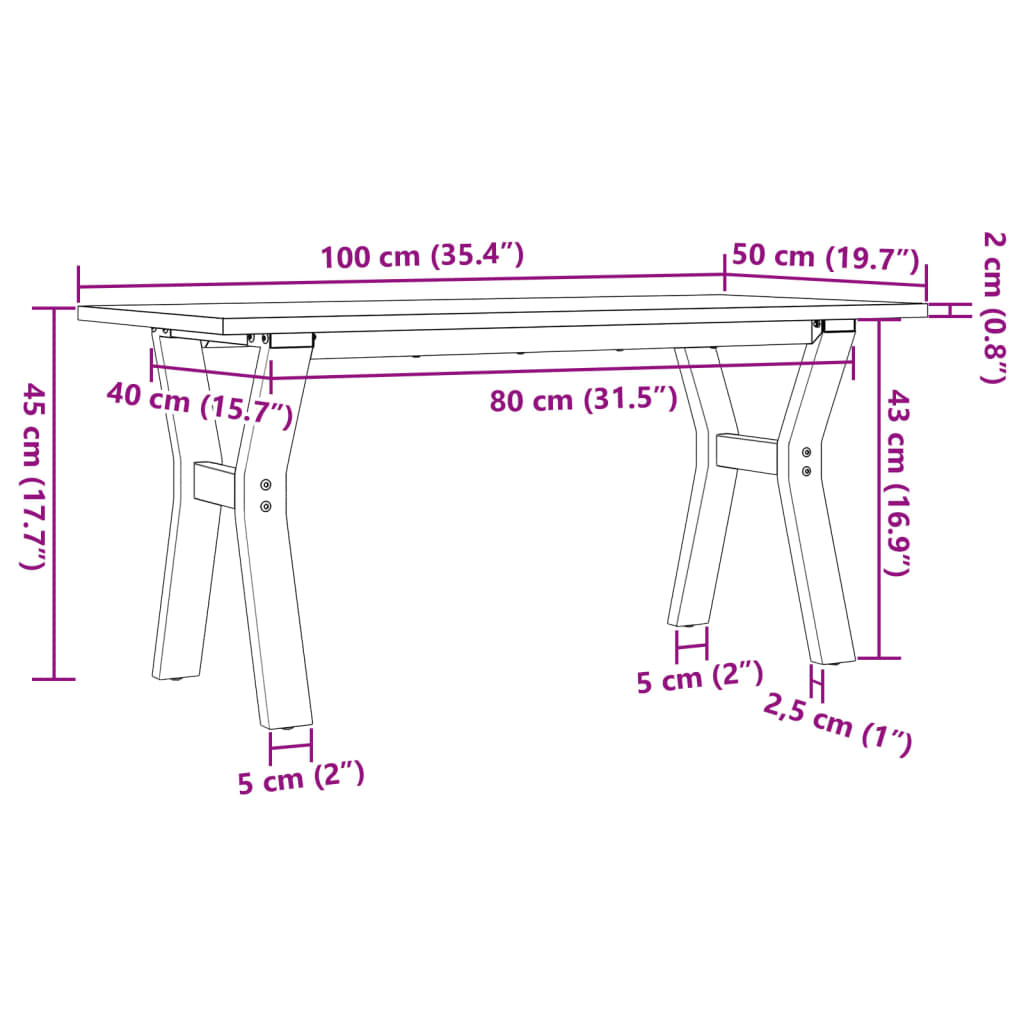 Salongbord Y-ramme 100x50x45 cm heltre furu og stål