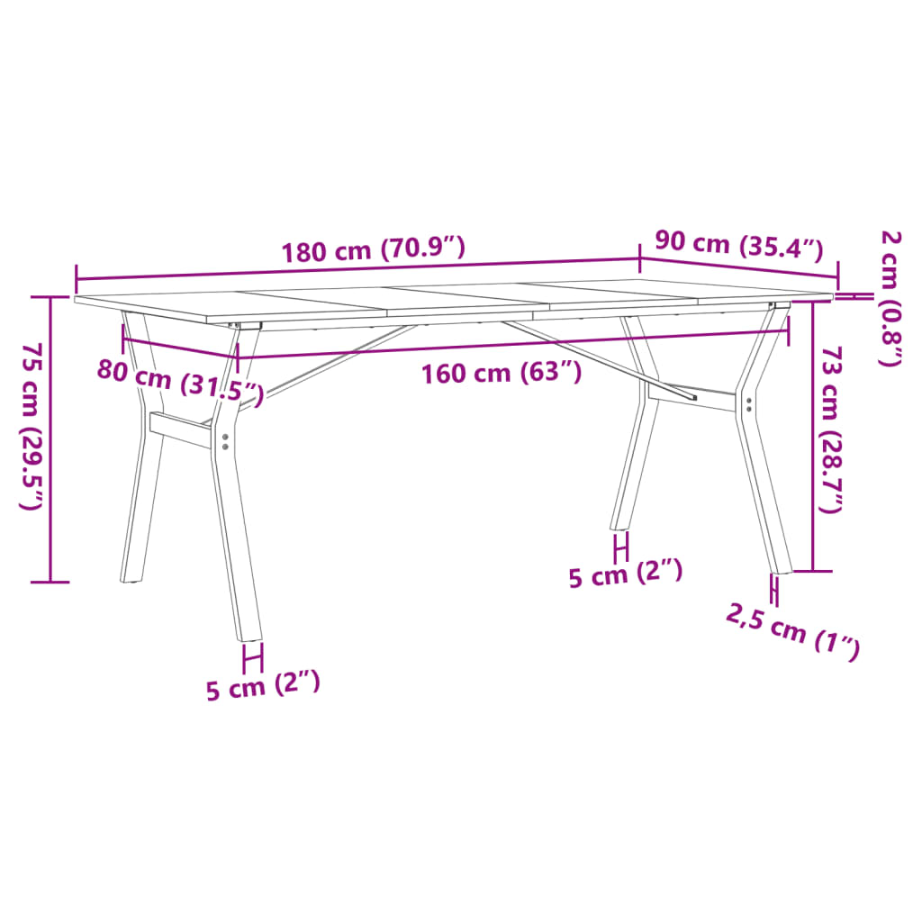 Spisebord Y-ramme 180x90x75 cm heltre furu og stål