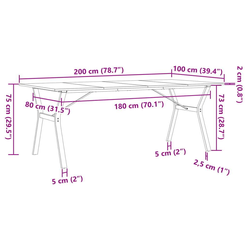 Spisebord Y-ramme 200x100x75 cm heltre furu og stål vidaXL