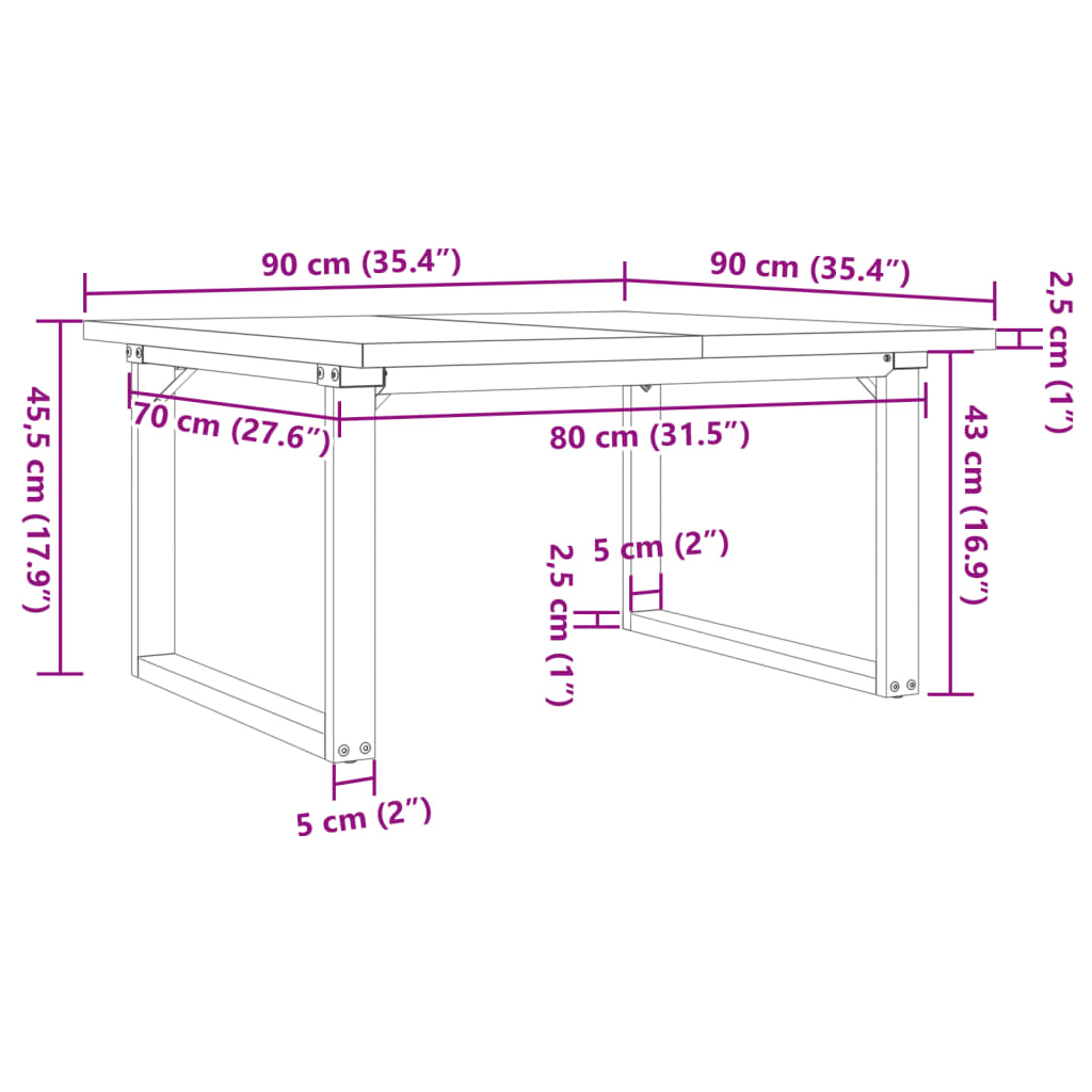 Salongbord O-ramme 90x90x45,5 cm heltre furu og stål