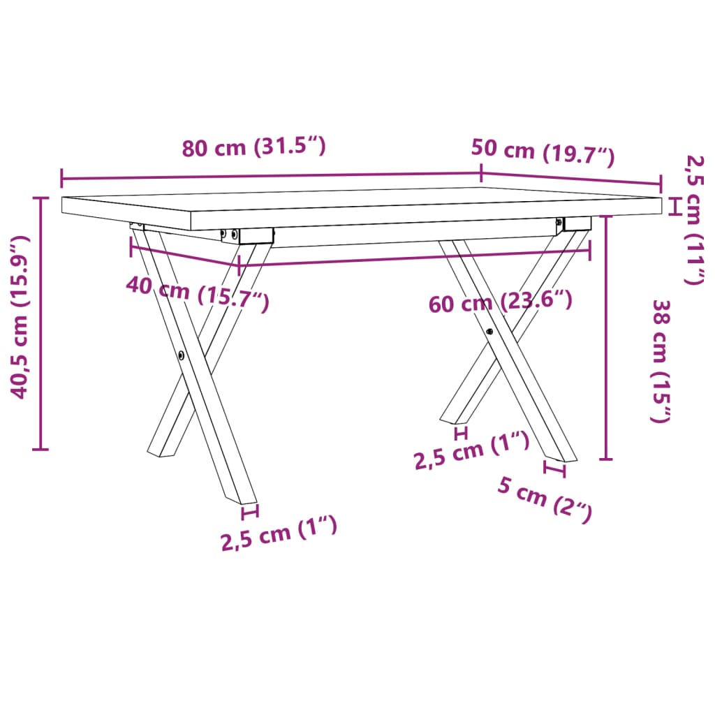 Salongbord X-ramme 80x50x40,5 cm heltre furu og stål