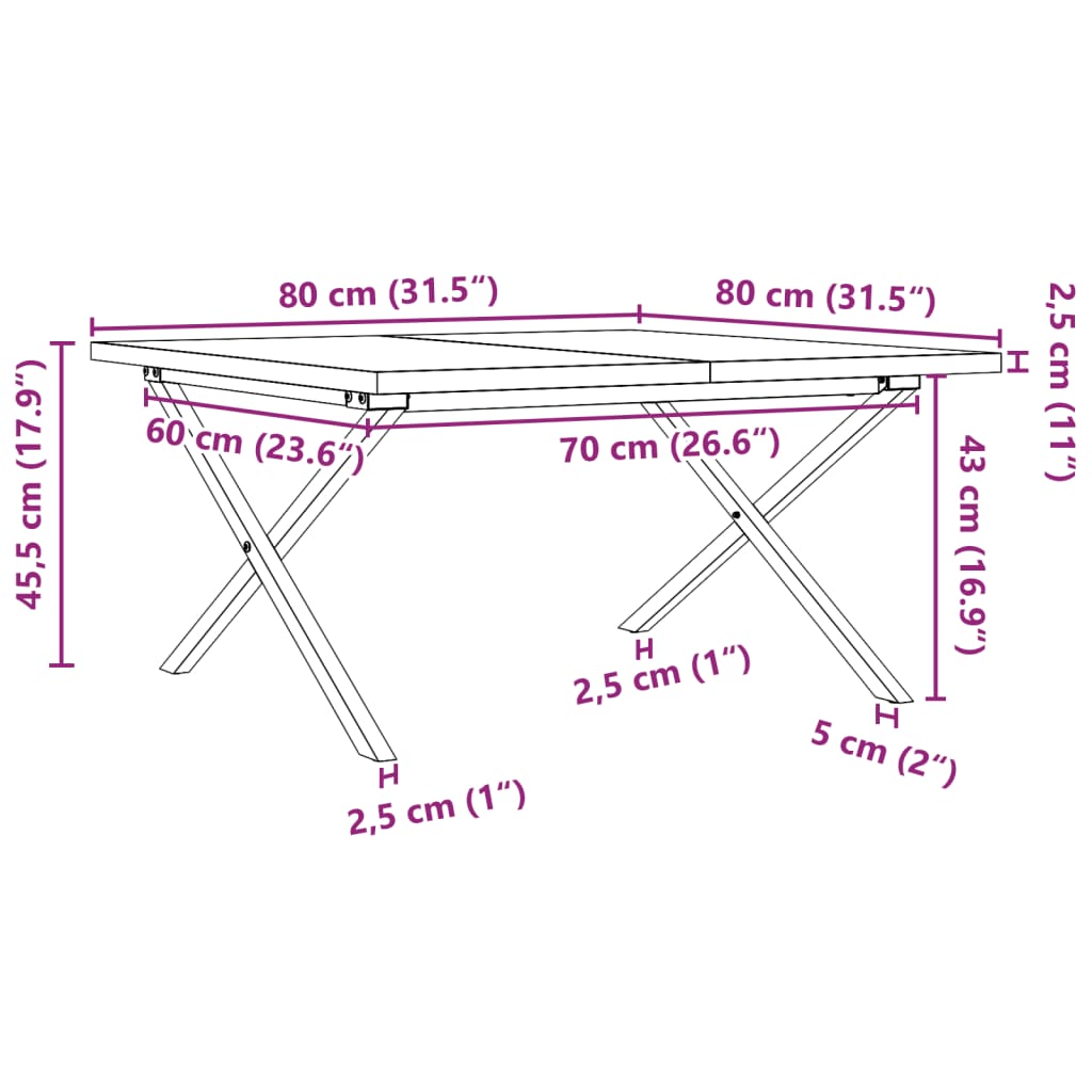 Salongbord X-ramme 80x80x45,5 cm heltre furu og stål vidaXL