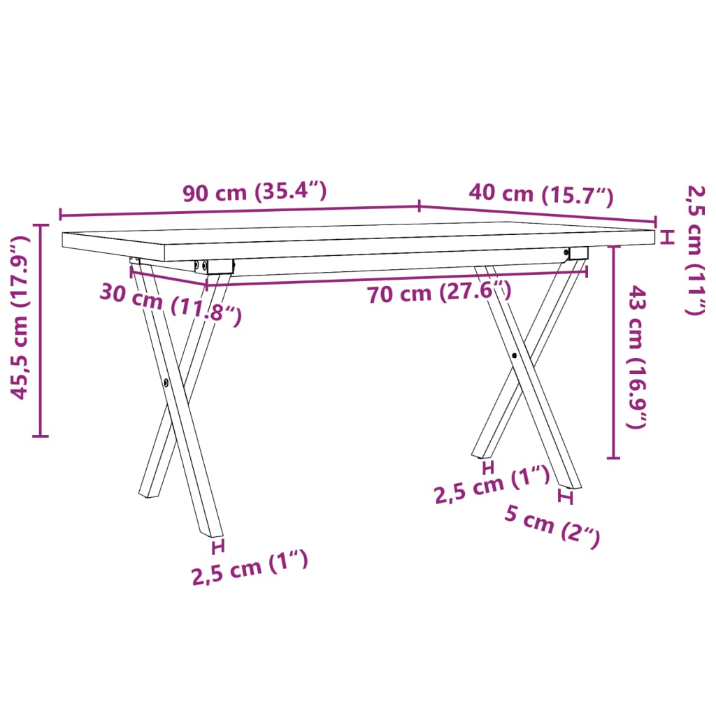 Salongbord X-ramme 90x40x45,5 cm heltre furu og stål