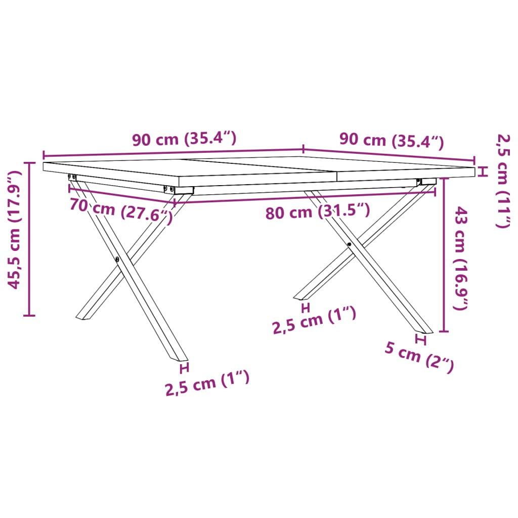 Salongbord X-ramme 90x90x45,5 cm heltre furu og stål