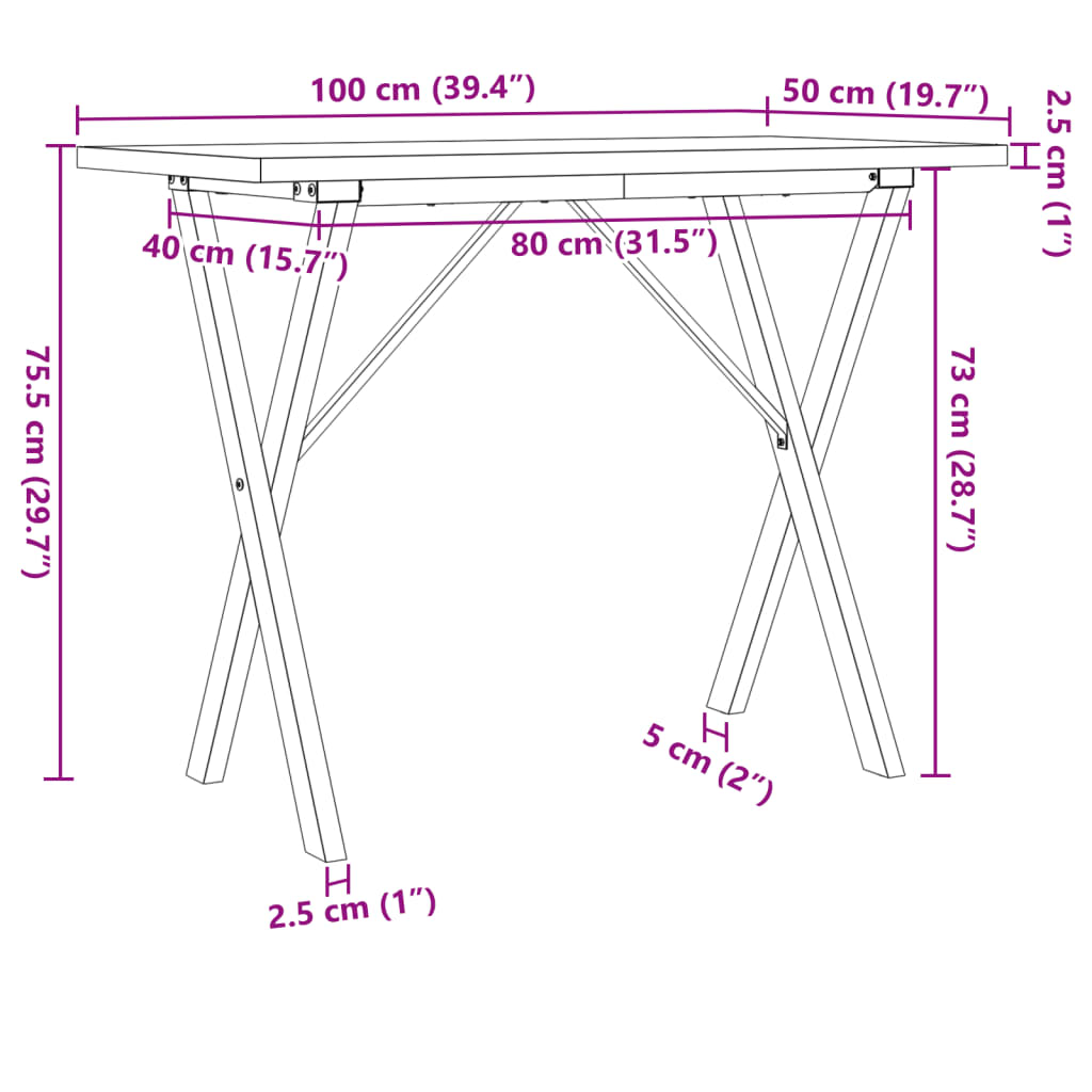 Spisebord X-ramme 100x50x75,5 cm heltre furu og stål