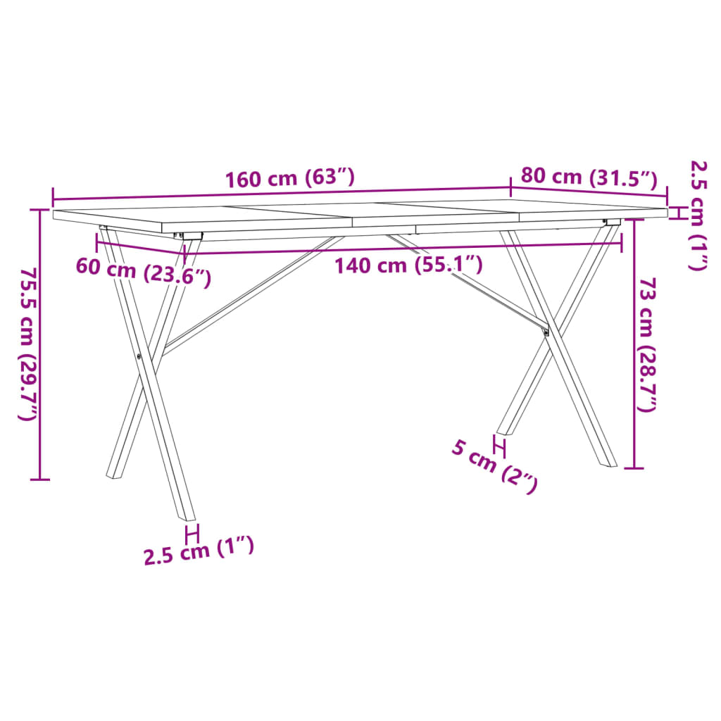 Spisebord X-ramme 160x80x75,5 cm heltre furu og stål
