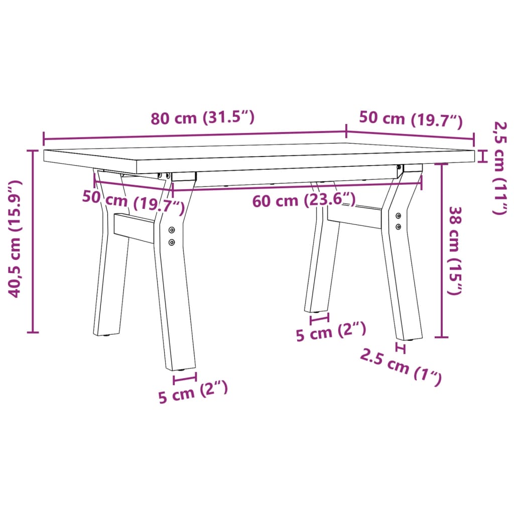 Salongbord Y-ramme 80x50x40,5 cm heltre furu og stål