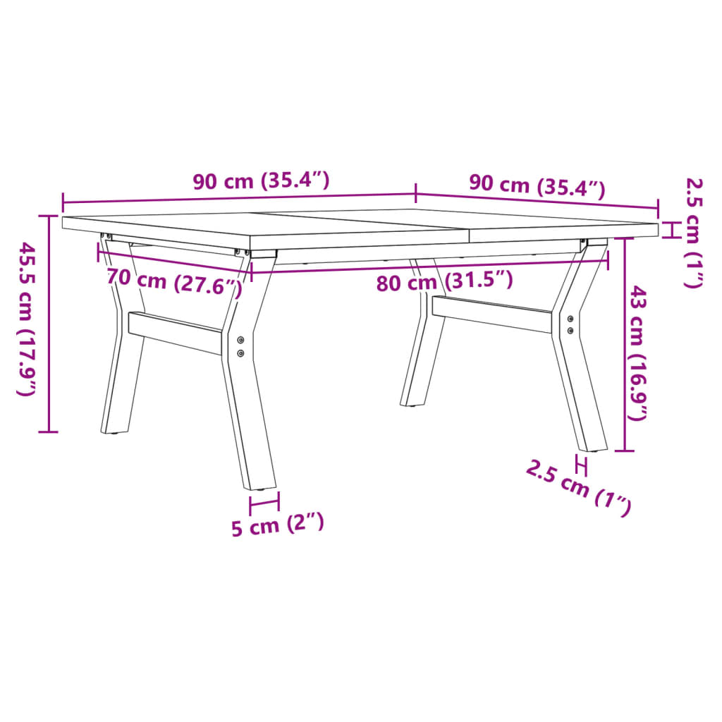 Salongbord Y-ramme 90x90x45,5 cm heltre furu og stål