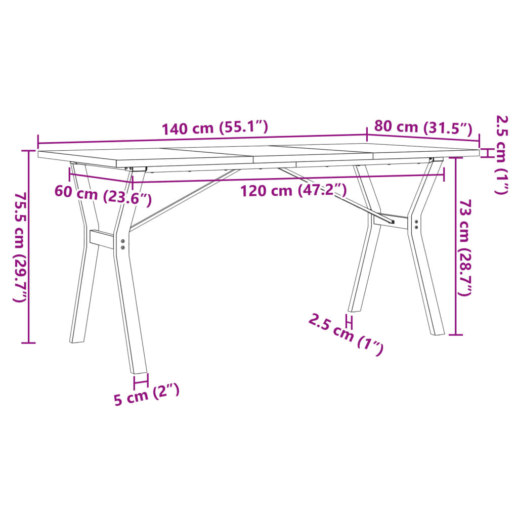 Spisebord Y-ramme 140x80x75,5 cm heltre furu og stål