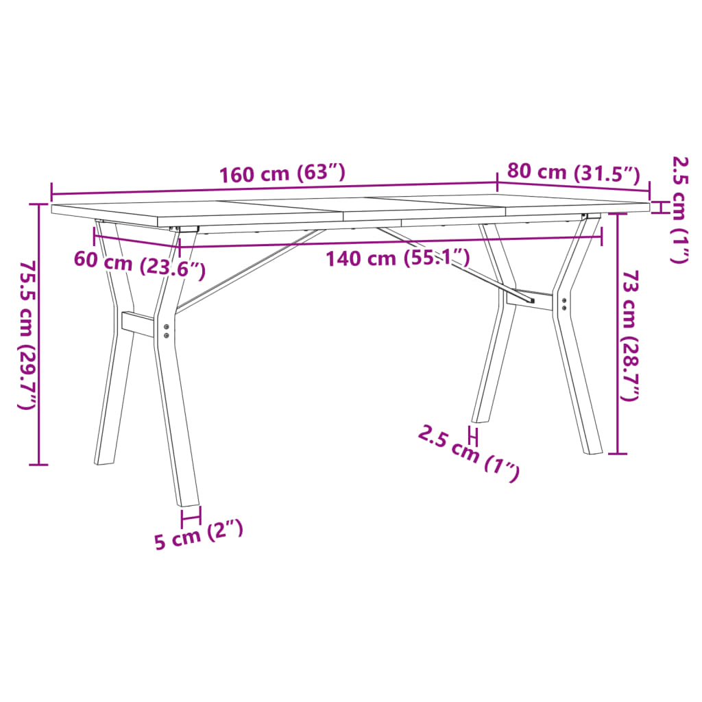 Spisebord Y-ramme 160x80x75,5 cm heltre furu og stål