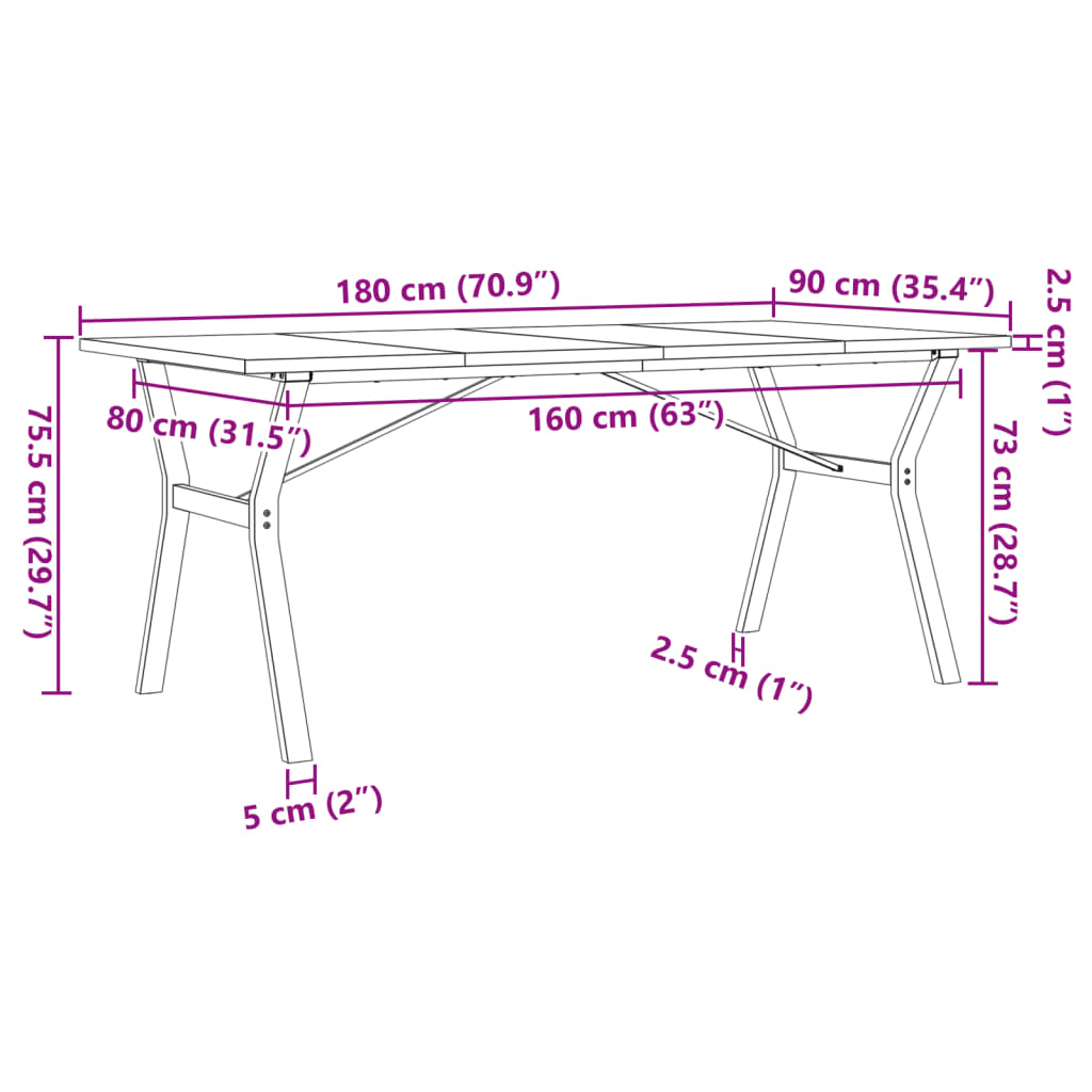 Spisebord Y-ramme 180x90x75,5 cm heltre furu og stål