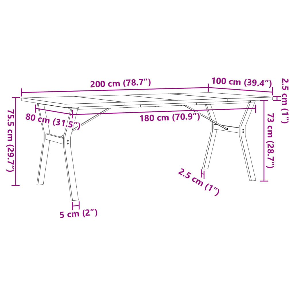 Spisebord Y-ramme 200x100x75,5 cm heltre furu og stål