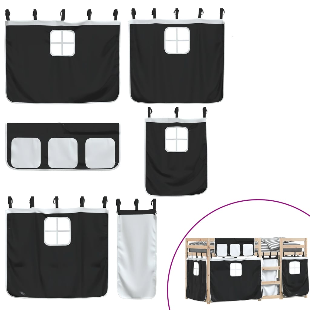 Køyeseng for barn gardiner hvit og svart 90x200 cm heltre furu