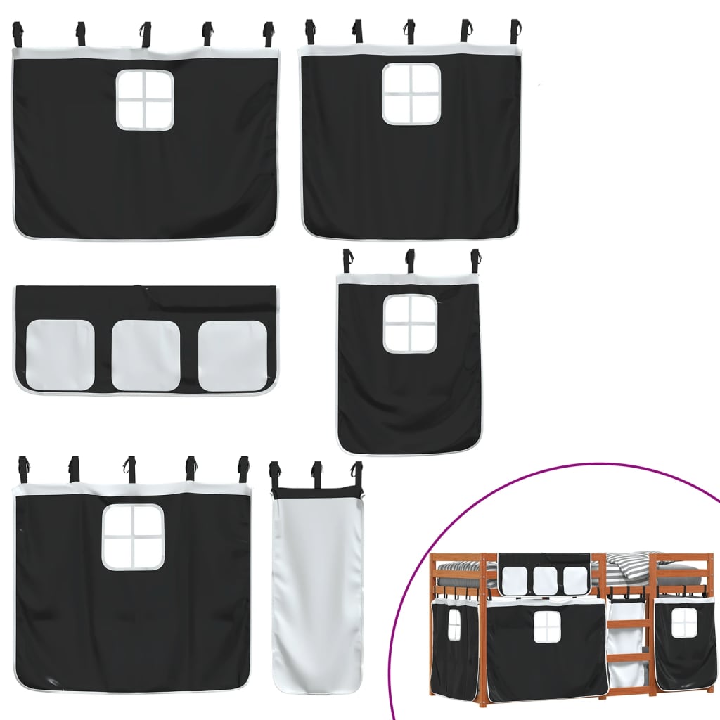 Køyeseng for barn gardiner hvit og svart 90x200 cm heltre furu