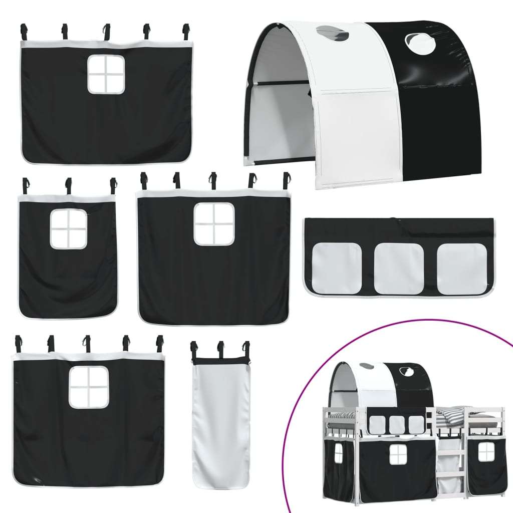 Køyeseng for barn gardiner hvit og svart 90x200 cm heltre furu