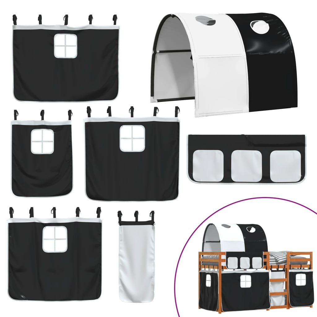 Køyeseng for barn gardiner hvit og svart 80x200 cm heltre furu