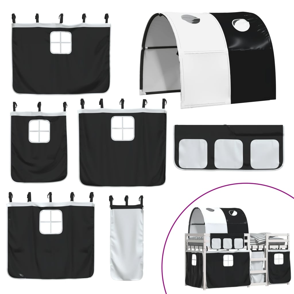 Køyeseng for barn gardiner hvit og svart 90x200 cm heltre furu