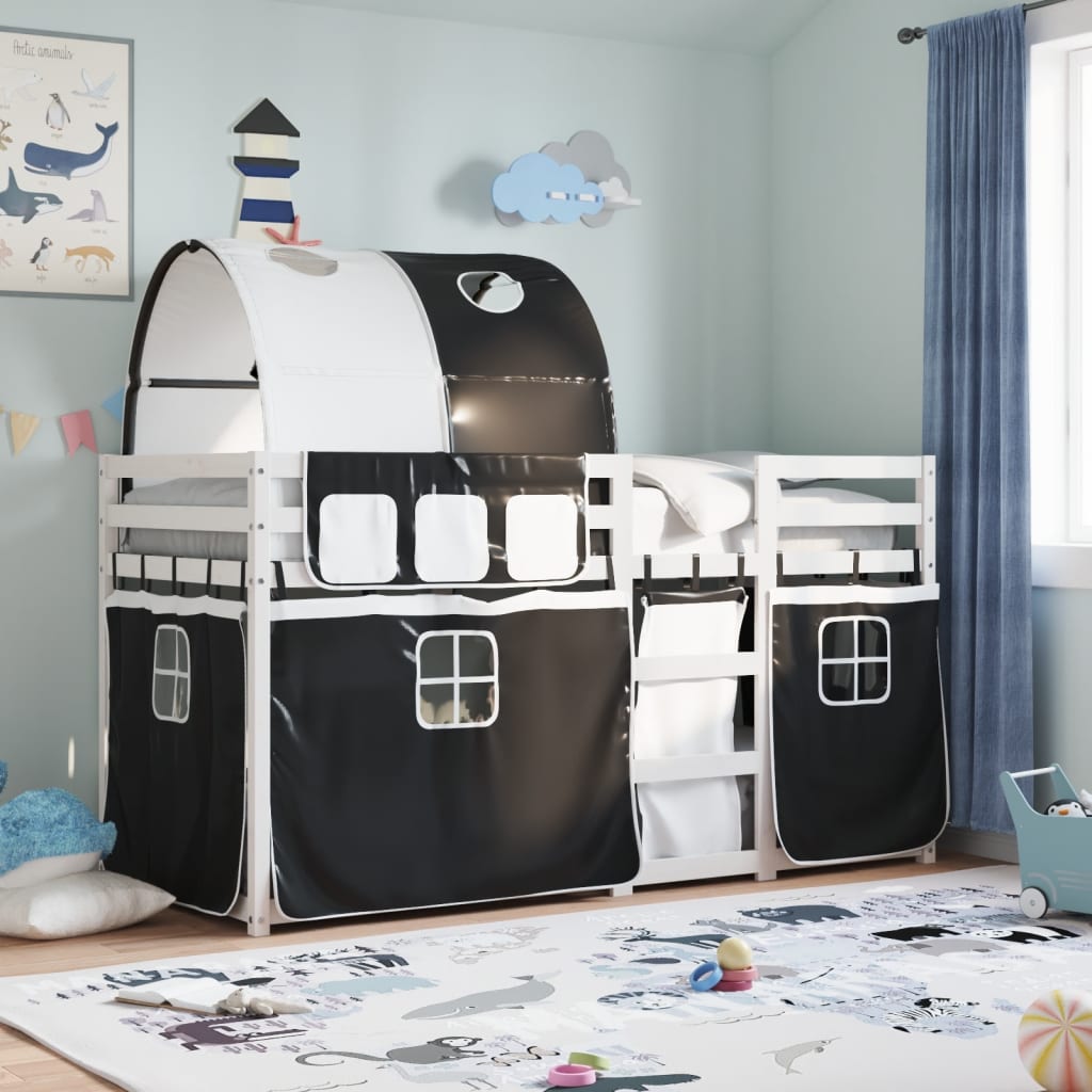 Køyeseng med gardiner hvit og svart 90x190 cm heltre furu