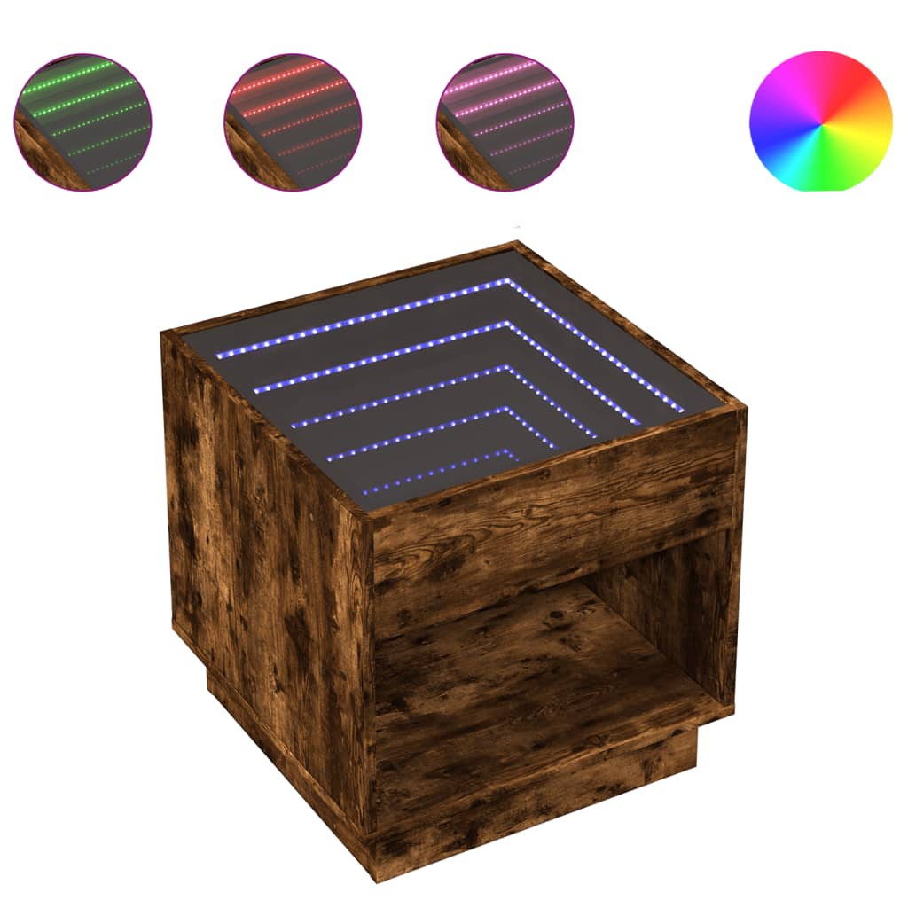 Salongbord med Infinity LED røkt eik 50x50x50 cm