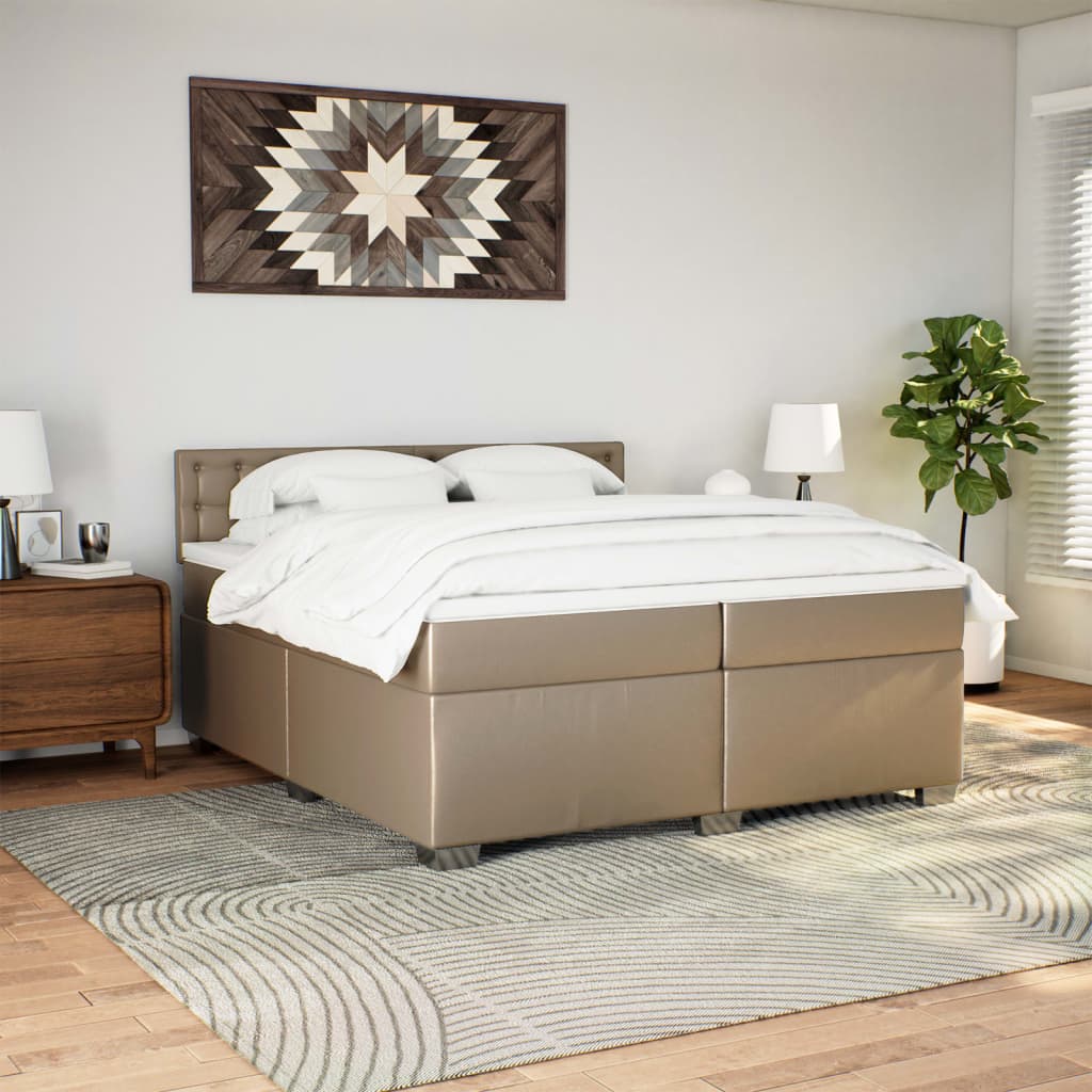 Seng med madrass boksfjær cappuccino 200x200 cm kunstlær