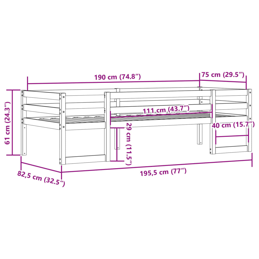 Sengeramme for barn hvit 75x190 cm heltre furu