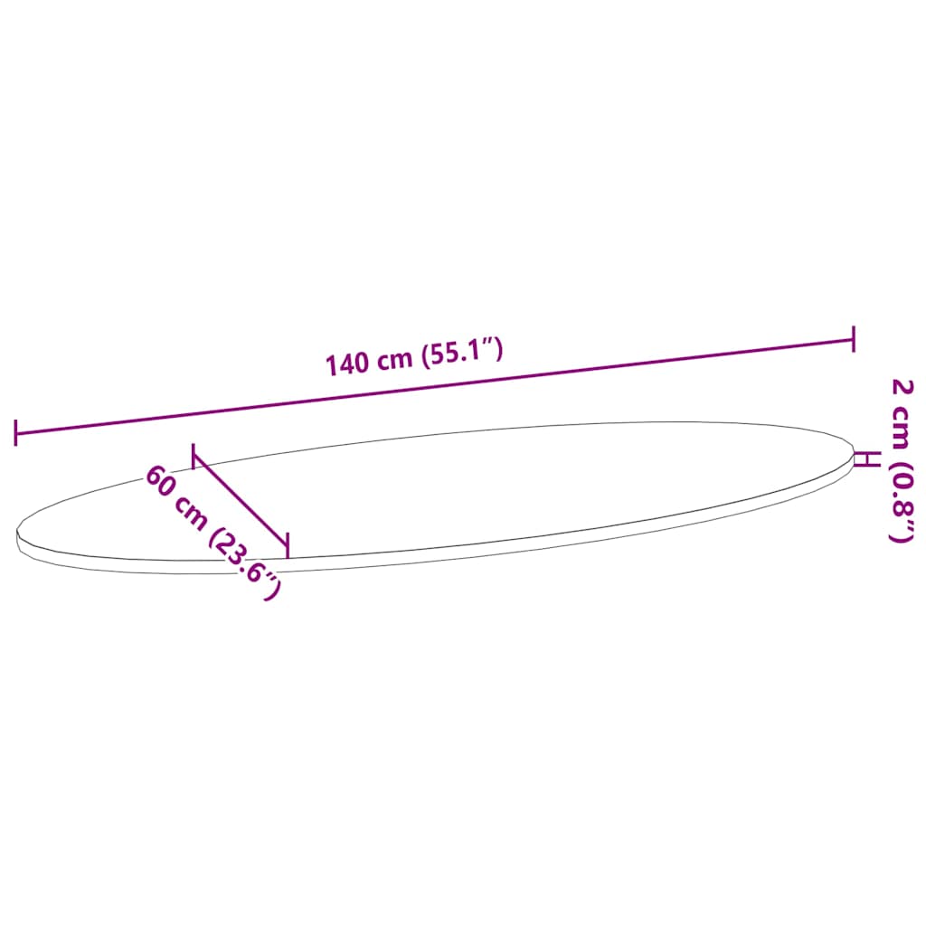 Bordplate 140x60x2 cm oval heltre eik vidaXL