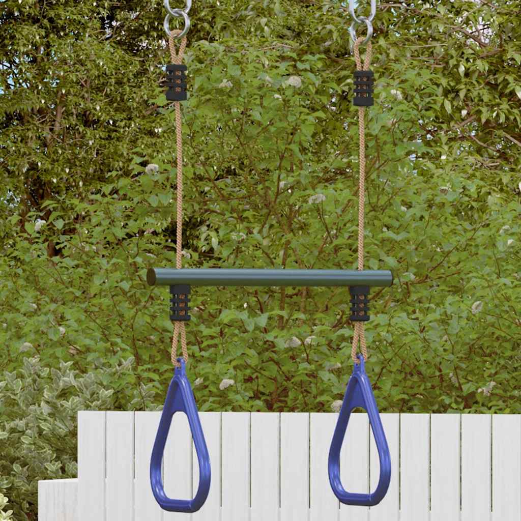 Trapesstang med ringer for barn blå og mørkegrønn stål