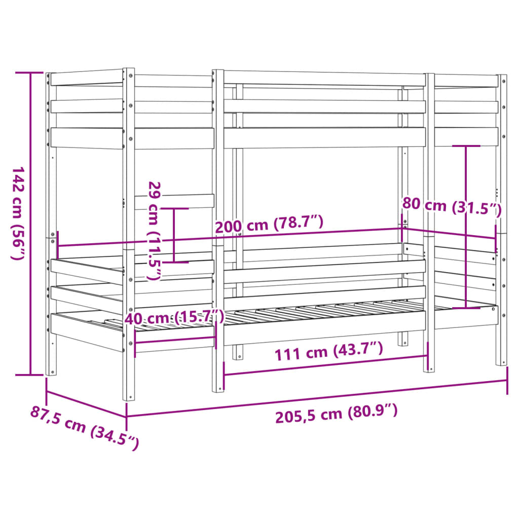 Køyeseng hvit 80x200 cm heltre furu