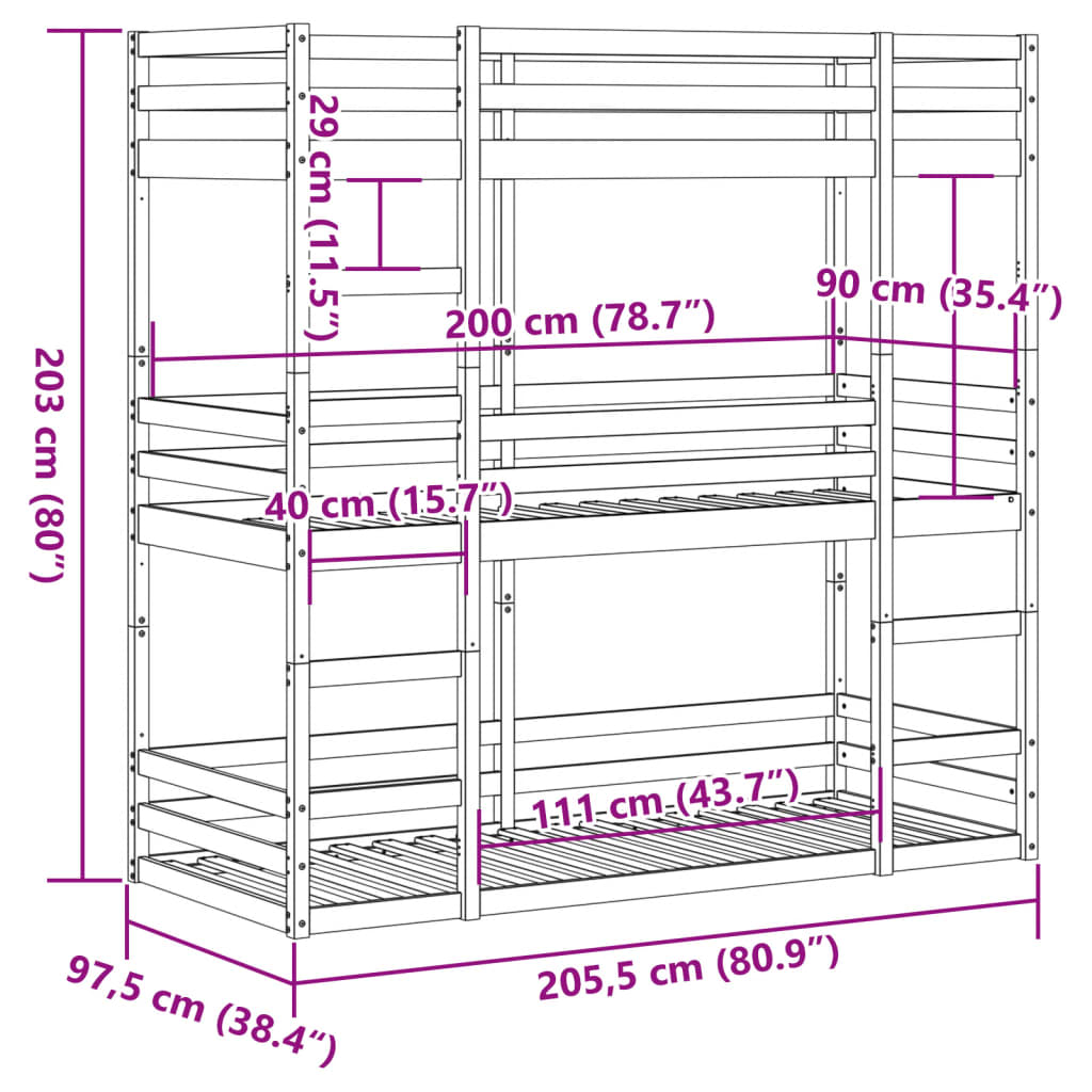 Trippel køyeseng voksbrun 90x200 cm heltre furu