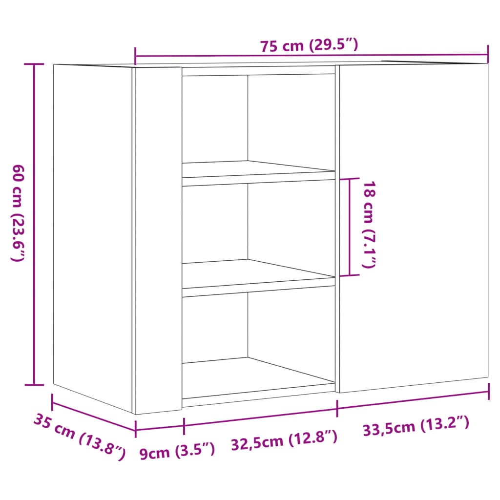 Veggskap hvit 75x35x60 cm konstruert tre