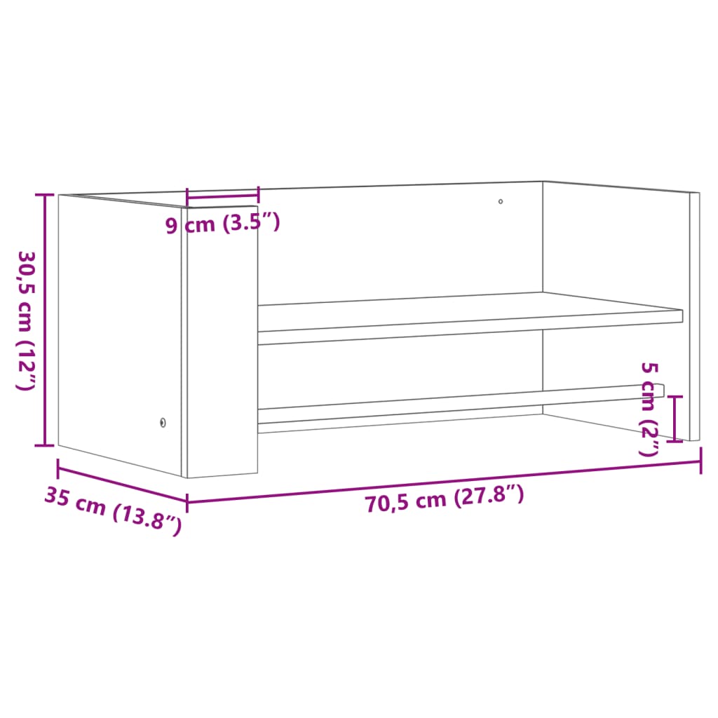 Vegghylle betonggrå 70,5x35x30,5 cm konstruert tre