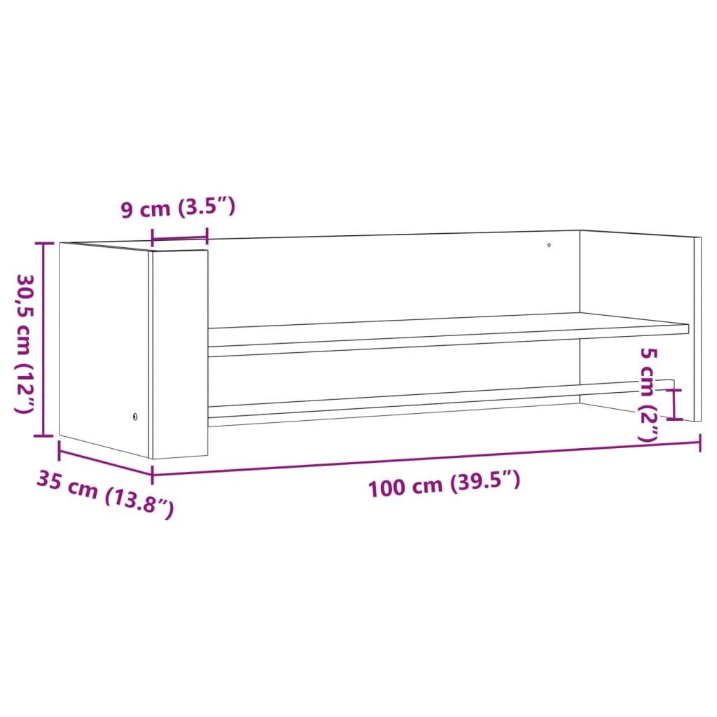 Vegghylle røkt eik 100x35x30,5 cm konstruert tre