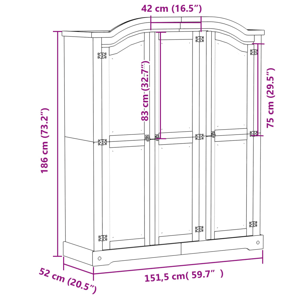 Garderobe Corona hvit 151,5x52x186 cm heltre furu vidaXL