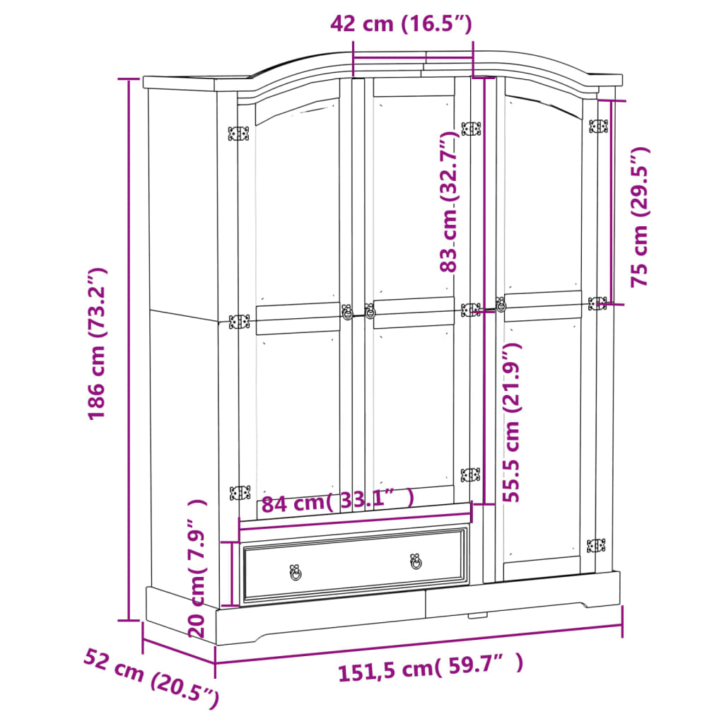 Garderobe Corona 151,5x52x186 cm heltre furu