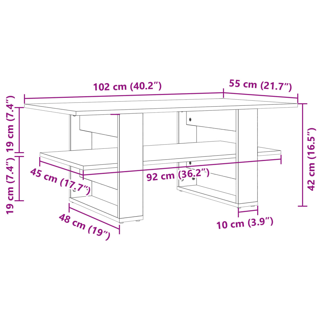 Salongbord hvit 102x55x42 cm konstruert tre