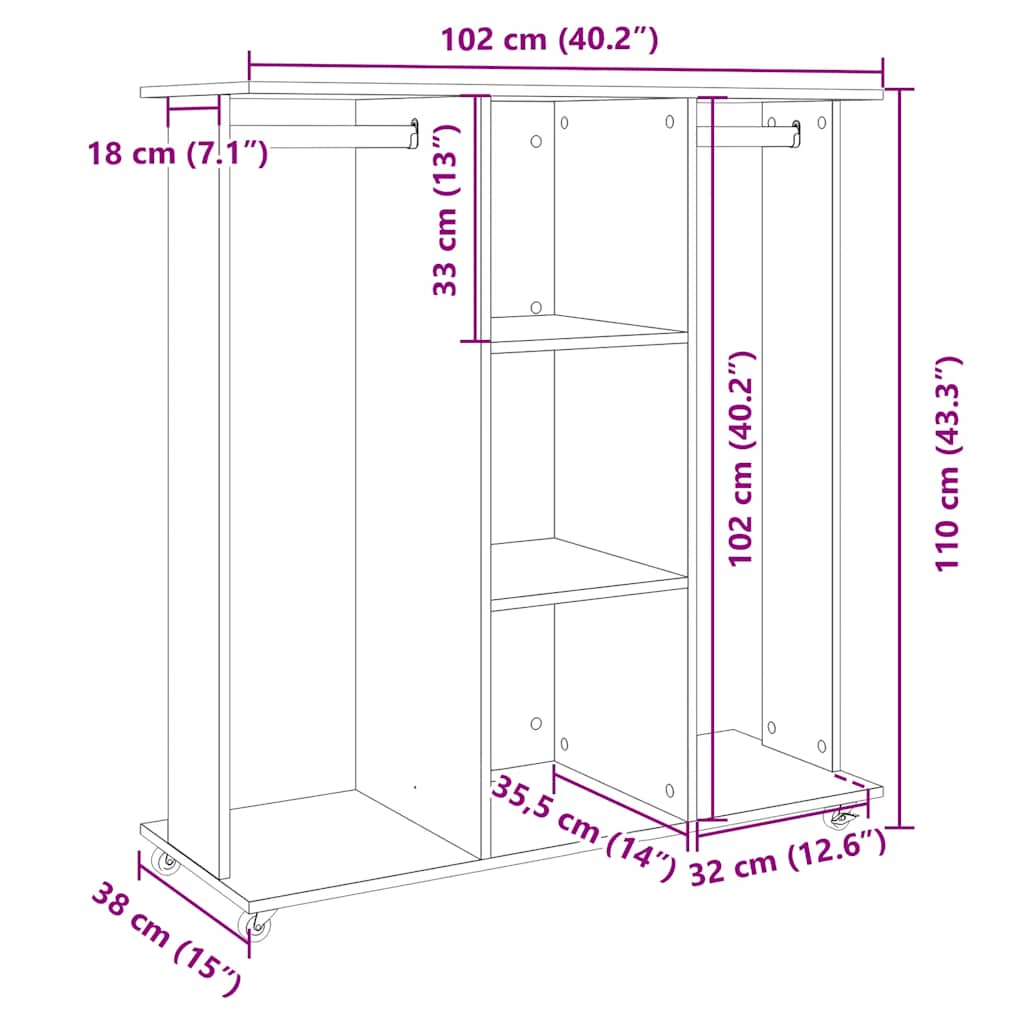 Garderobe med hjul grå sonoma 102x38x110 cm konstruert tre