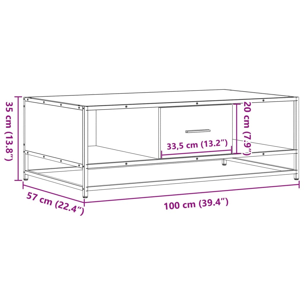 Salongbord brun eik 100x57x35 cm konstruert tre og metall