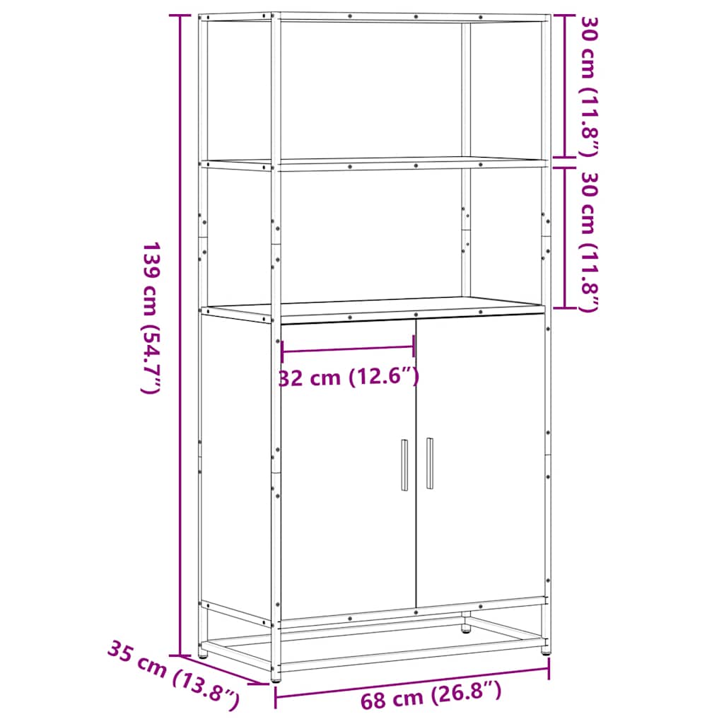 Highboard brun eik 68x35x139 cm konstruert tre og metall
