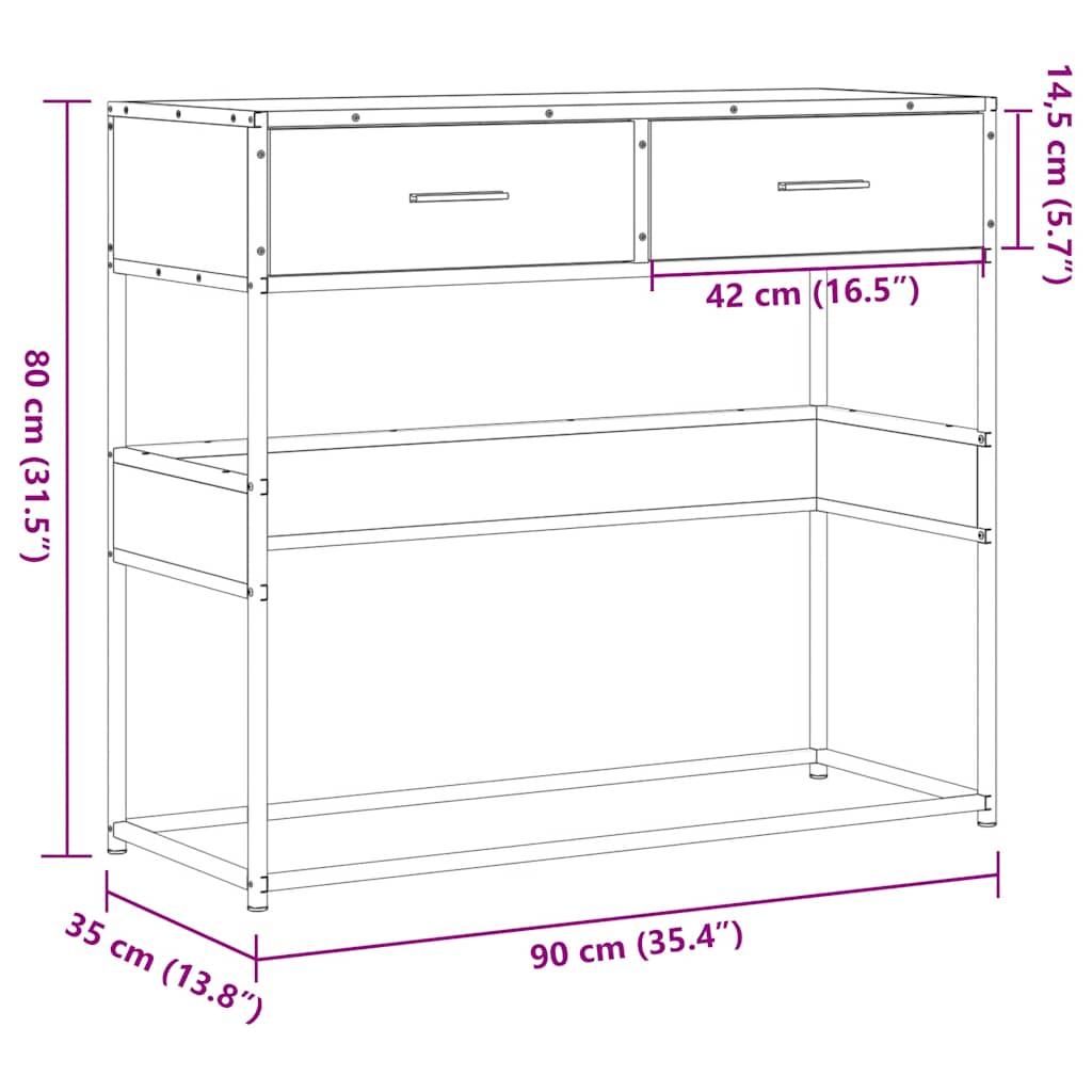 Konsollbord brun eik 90x35x80 cm konstruert tre