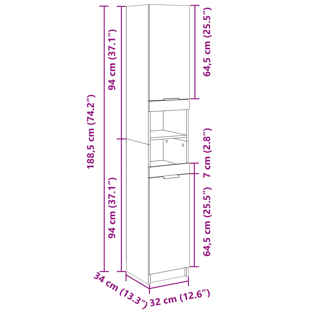 Baderomsskap sonoma eik 32x34x188,5 cm konstruert tre