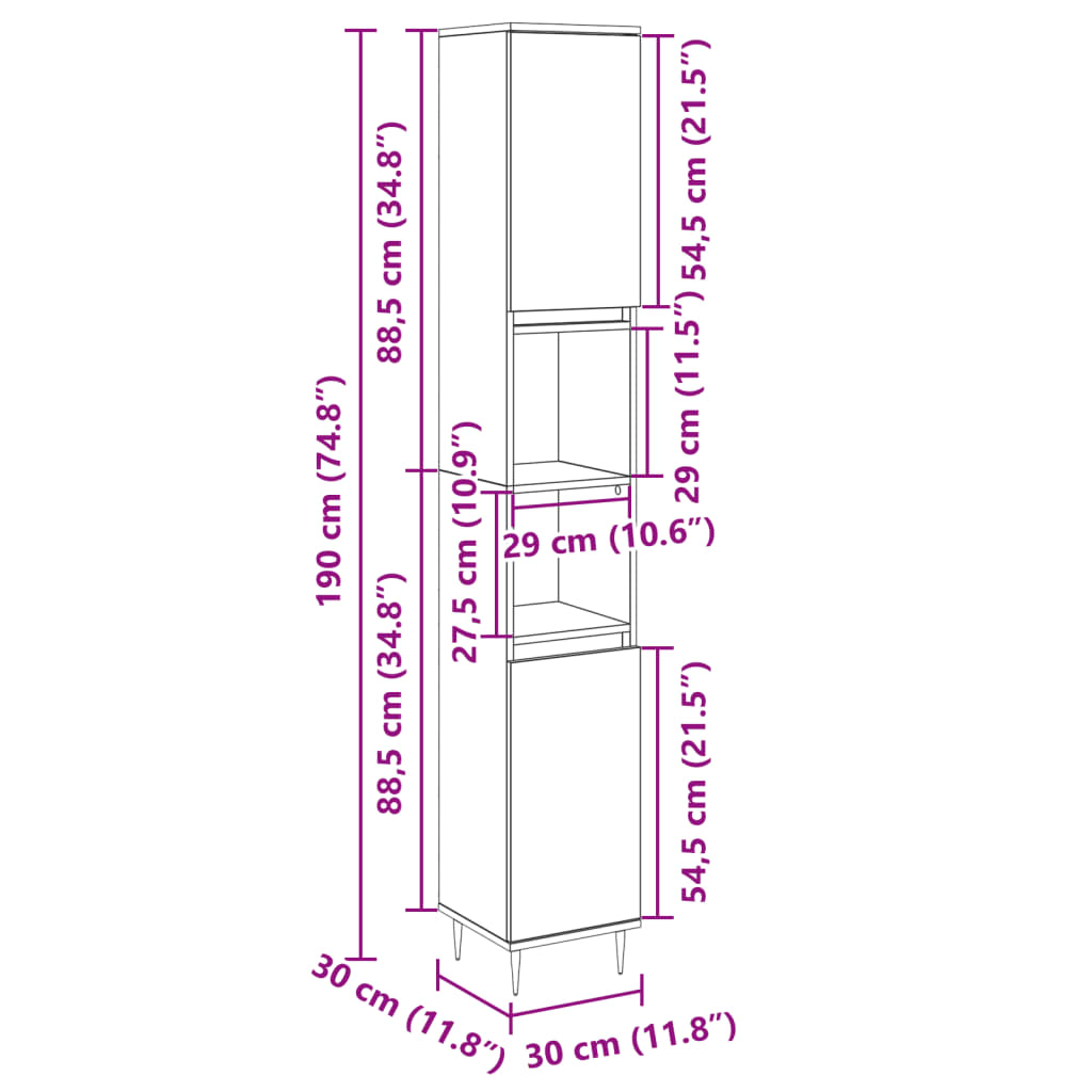 Baderomsskap sonoma eik 30x30x190 cm konstruert tre