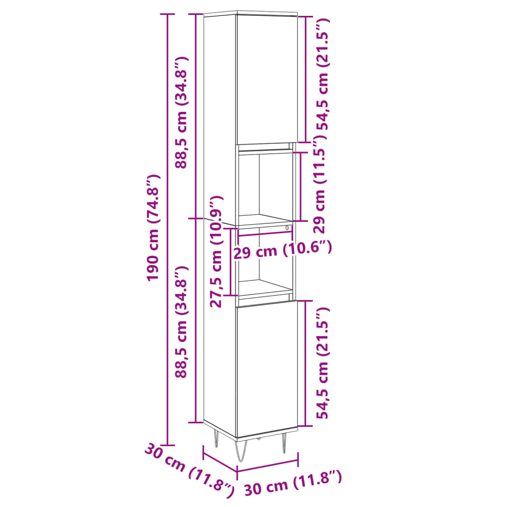 Baderomsskap sonoma eik 30x30x190 cm konstruert tre