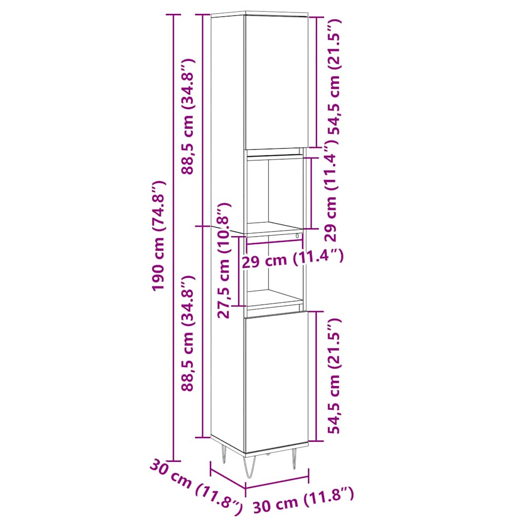 Baderomsskap sonoma eik 30x30x190 cm konstruert tre