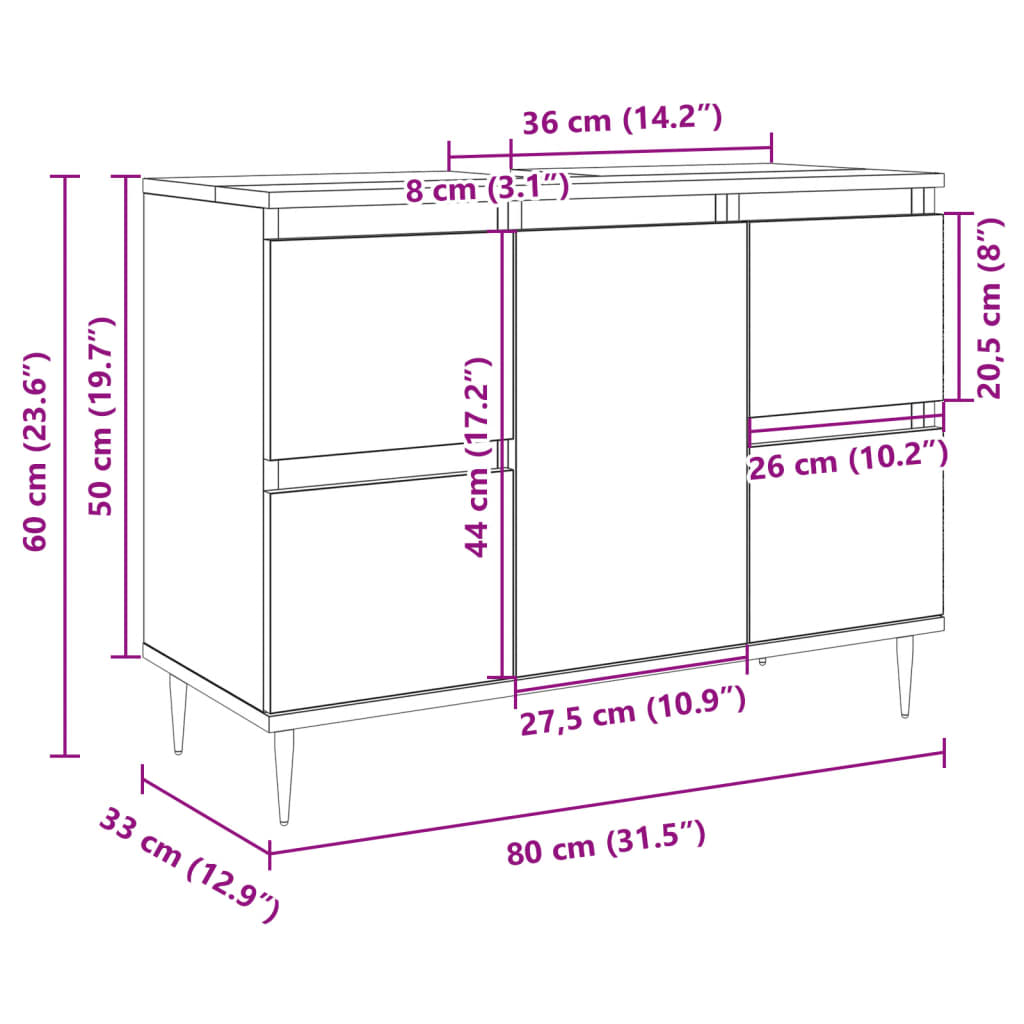 Baderomsskap høyglans hvit 80x33x60 cm konstruert tre