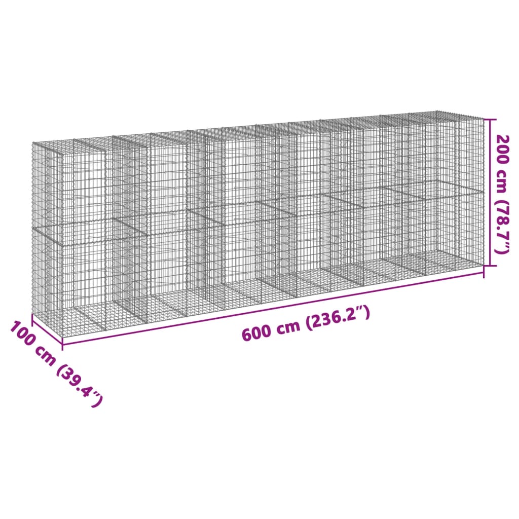 Gabionkurv med deksel 600x100x200 cm galvanisert jern